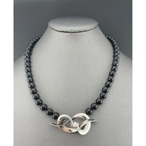 Vintage modernist sterling and onyx bead necklace w/ pearl accent artisan 80s